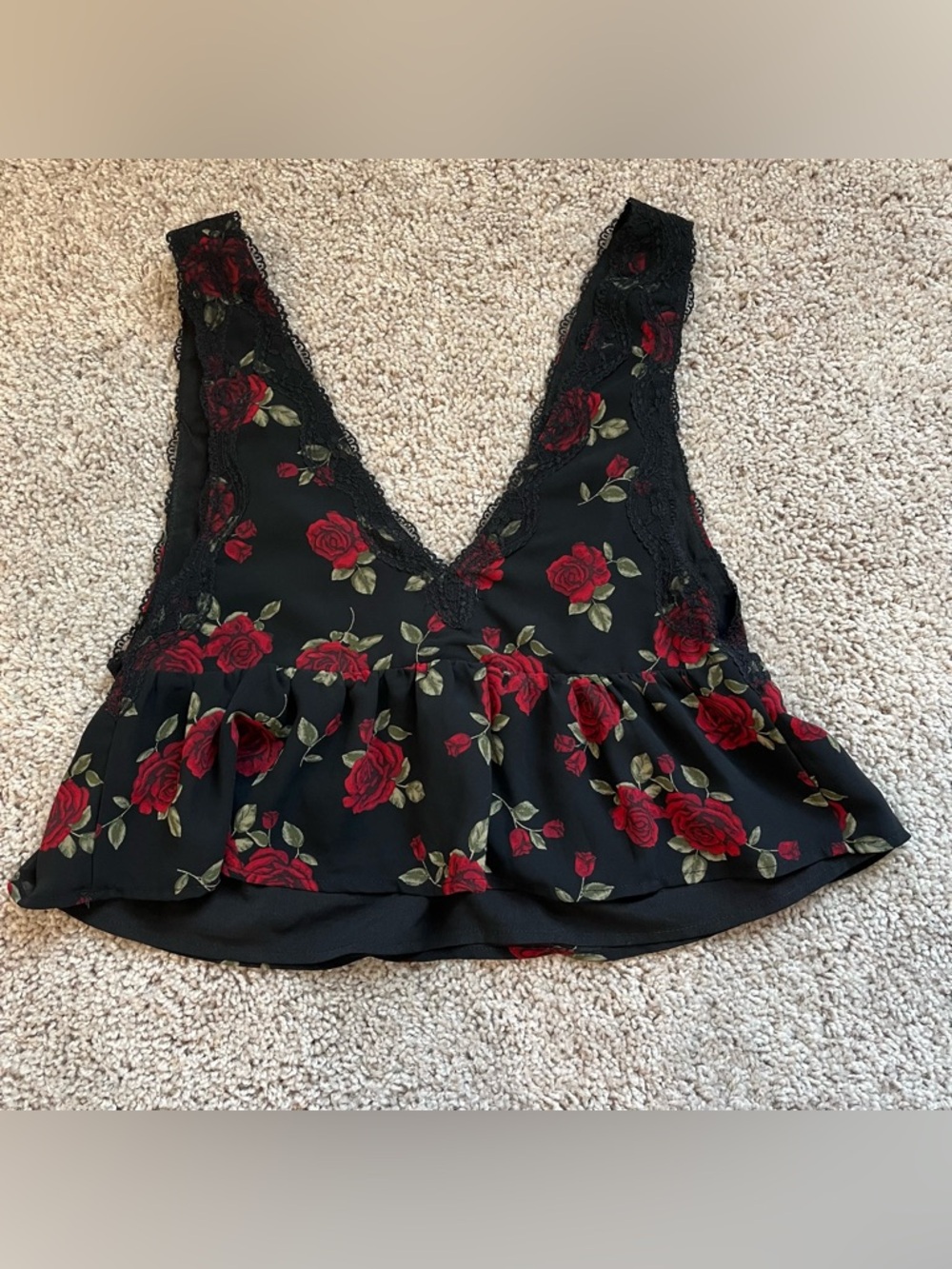 Garage Georgette Black V-Neck Lace-Trim Cami with Red Rose Print- P/S - Picture 2 of 4